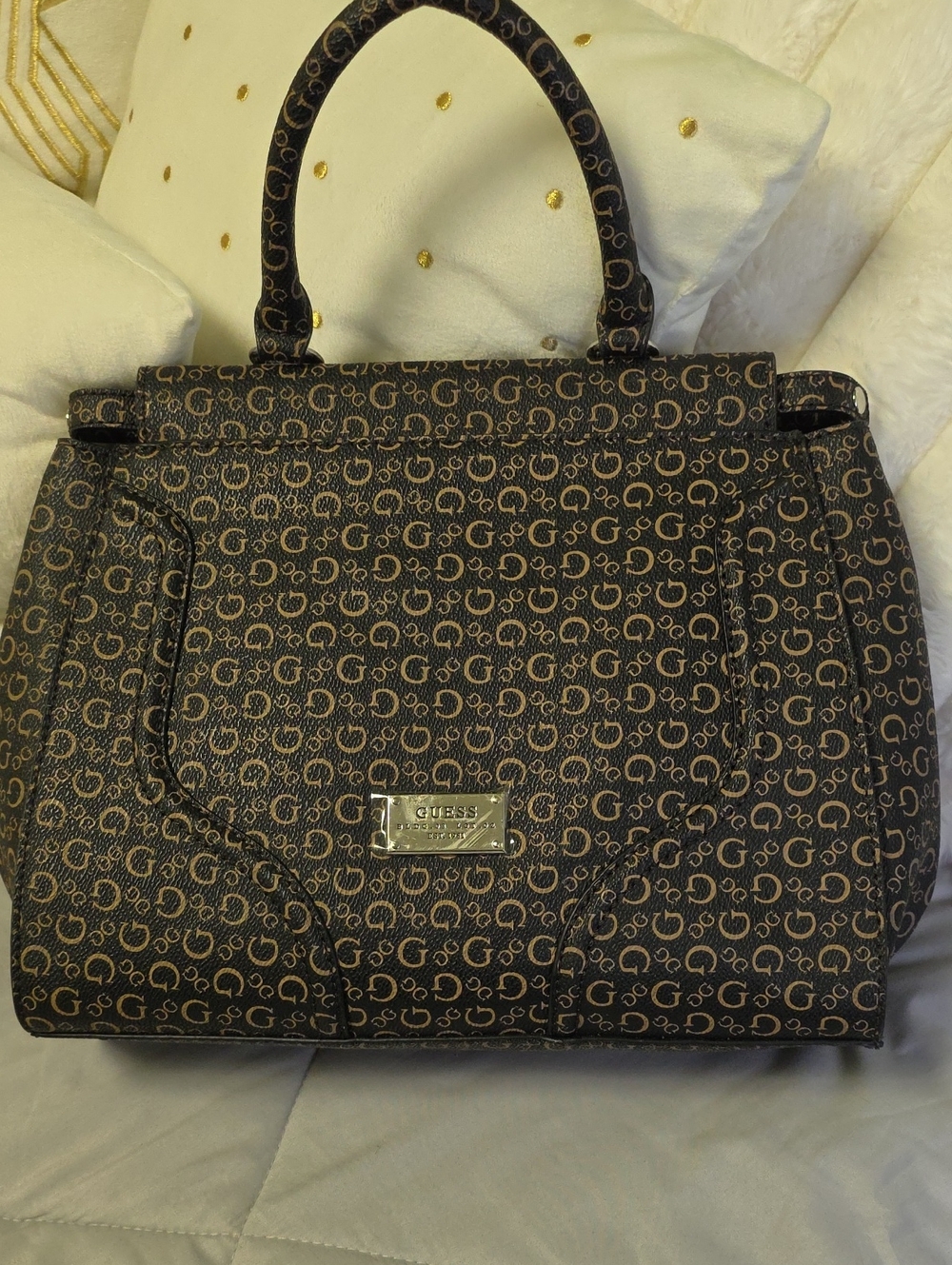 GUESS Brown Logo Print Structured Top-Handle Satchel